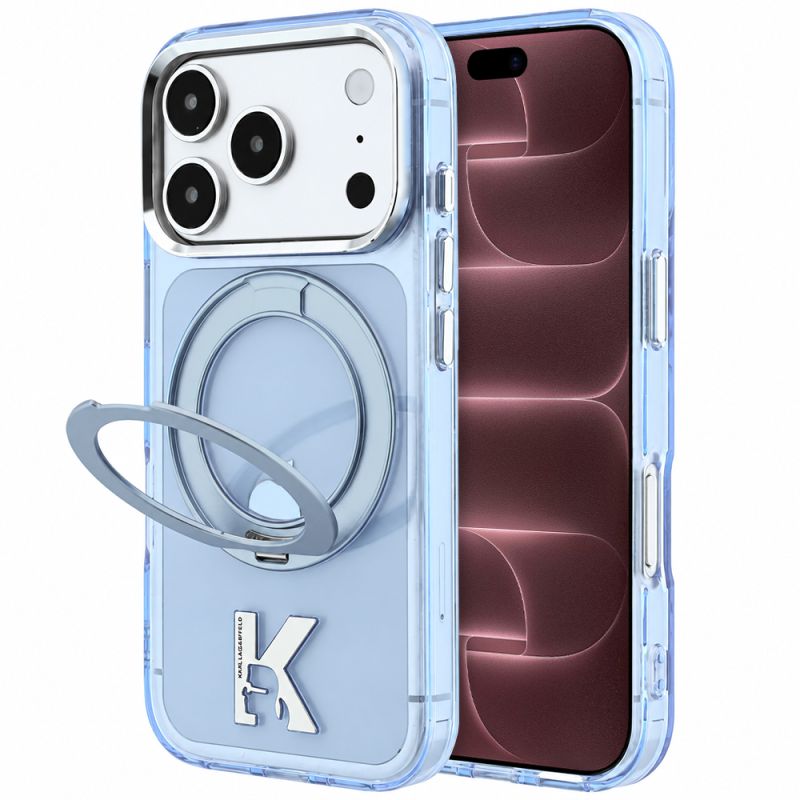 Husa pentru iPhone 18 Pro Max / iPhone 17 Pro Max - Karl Lagerfeld IML Ring Stand Kameo Metal MagSafe (KLHMP18X6HRSMKMB) - Light Blue