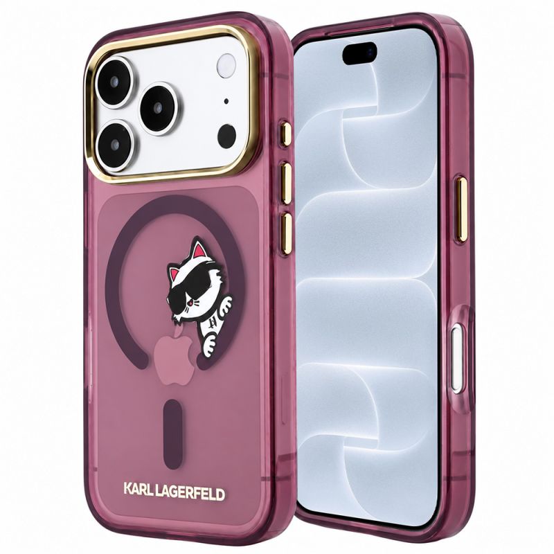 Husa pentru iPhone 18 Pro / iPhone 17 Pro - Karl Lagerfeld IML Peekaboo Print Metal Frame MagSafe (KLHMP18L6HCPSCR) - Burgundy
