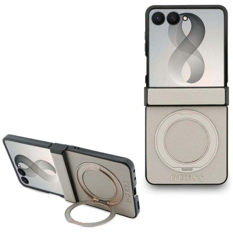 Husa pentru Samsung Galaxy Z Flip8 - Guess Ring Stand Grained Classic Logo MagSafe (GUHMZF86PSGRSCLE) - Beige