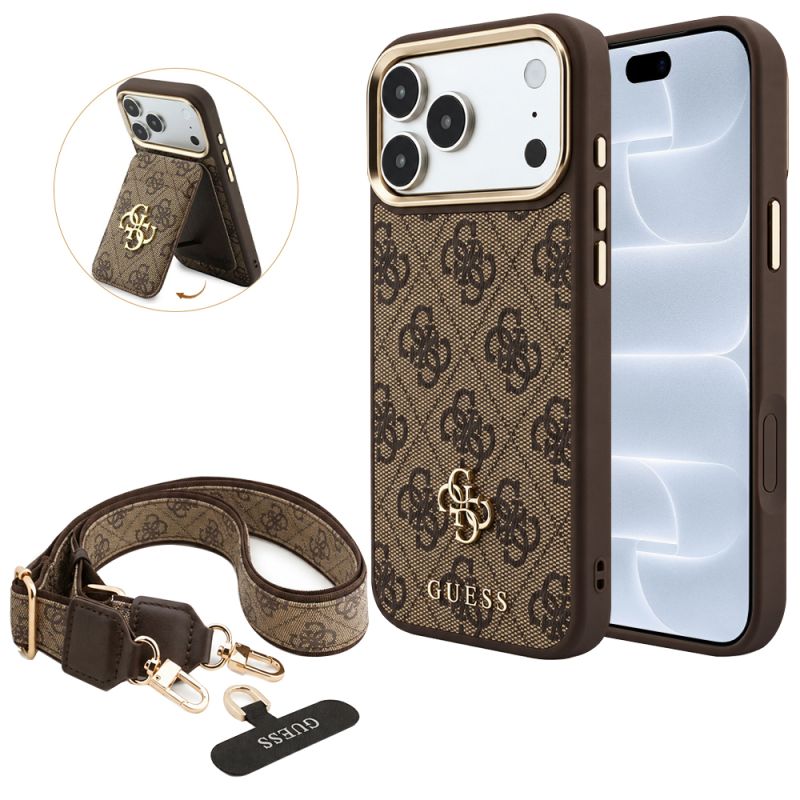 Husa pentru iPhone 18 Pro / iPhone 17 Pro - Guess Hardcase 4G Cardslot & Big Strap MagSafe (GUBPHUP18LP4SM44CW) - Brown