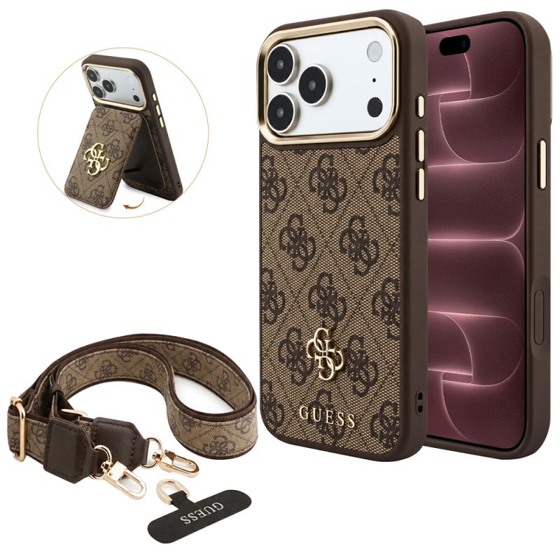Husa pentru iPhone 18 Pro Max / iPhone 17 Pro Max - Guess Hardcase 4G Cardslot & Big Strap MagSafe (GUBPHUP18XP4SM44CW) - Brown