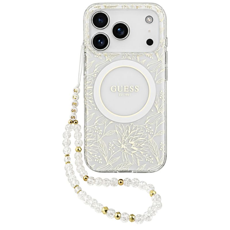 Husa pentru iPhone 18 Pro Max / iPhone 17 Pro Max - Guess IML Flowers Electroplated with Pearl Strap MagSafe (GUHMP18XHCPOFPH) - White