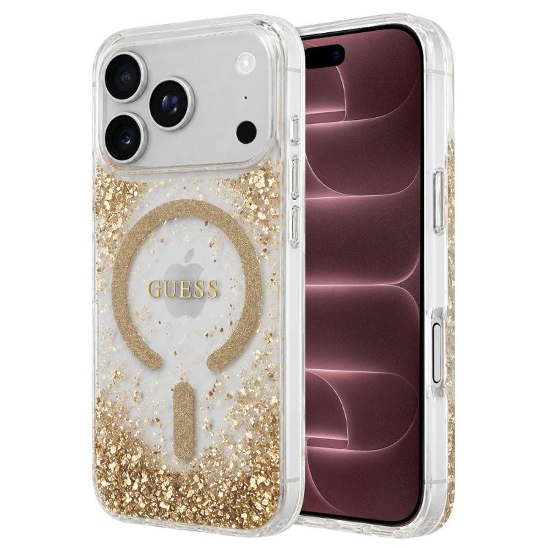 Husa pentru iPhone 18 Pro Max / iPhone 17 Pro Max - Guess Resin Bottom Glitter MagSafe (GUHMP18XRGRGED) - Gold
