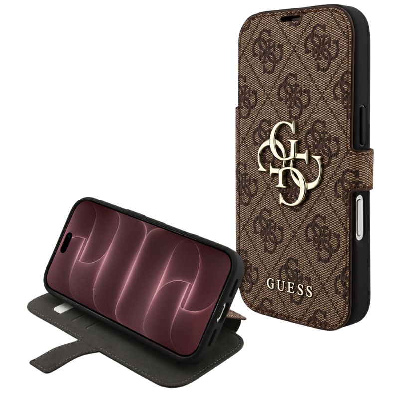 Husa pentru iPhone 18 Pro Max / iPhone 17 Pro Max - Guess Book 4G Metal Logo (GUBKP18X4GMGBR) - Brown