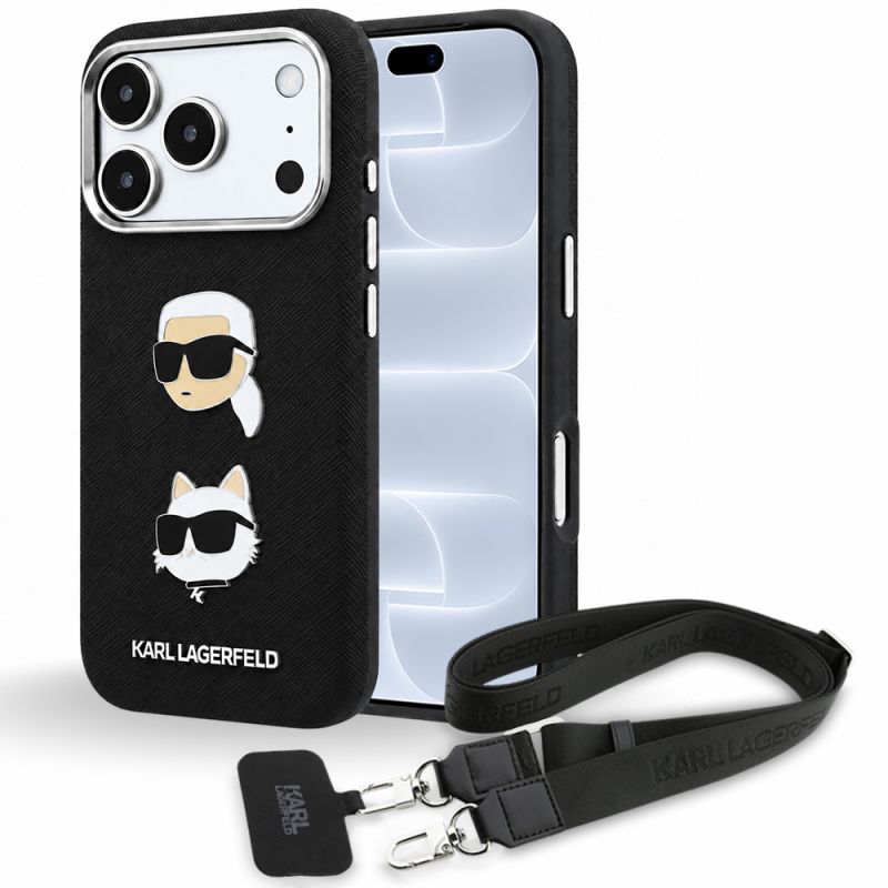Husa pentru iPhone 18 Pro / iPhone 17 Pro - Karl Lagerfeld Saffiano K&C Heads Pins Logo Crossbody (KLHCP18LPSWFDHPSK) - Black