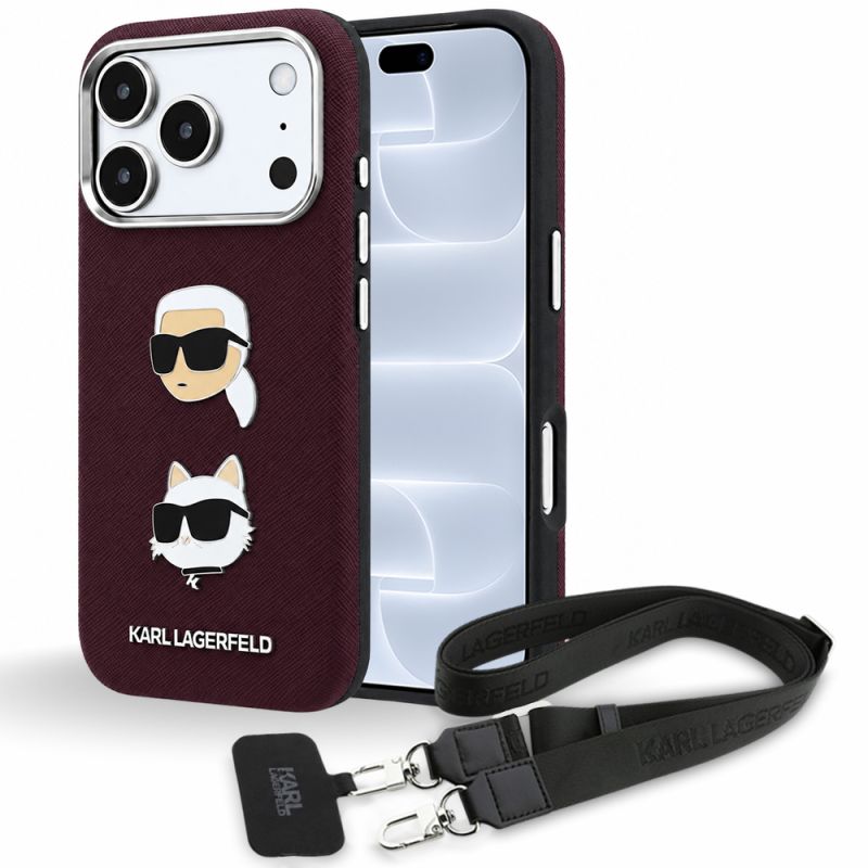 Husa pentru iPhone 18 Pro / iPhone 17 Pro - Karl Lagerfeld Saffiano K&C Heads Pins Logo Crossbody (KLHCP18LPSWFDHPSR) - Burgundy