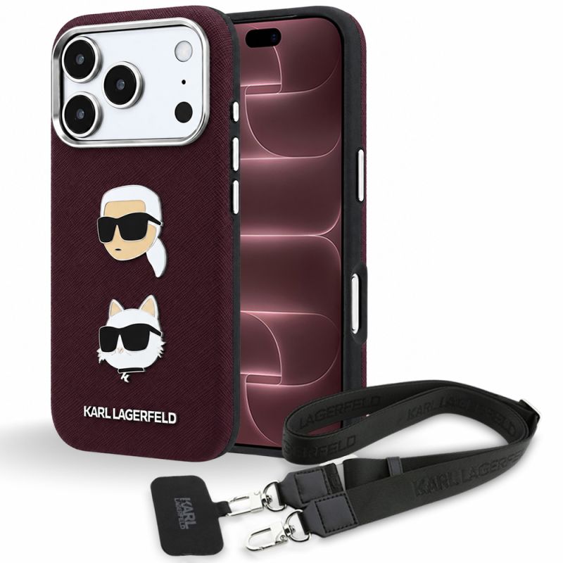 Husa pentru iPhone 18 Pro Max / iPhone 17 Pro Max - Karl Lagerfeld Saffiano K&C Heads Pins Logo Crossbody (KLHCP18XPSWFDHPSR) - Burgundy