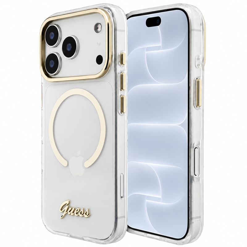 Husa pentru iPhone 18 Pro / iPhone 17 Pro - Guess IML Script Metal MagSafe (GUHMP18L5HTCSMST) - Clear