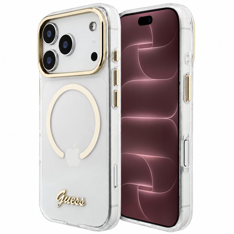 Husa pentru iPhone 18 Pro Max / iPhone 17 Pro Max - Guess IML Script Metal MagSafe (GUHMP18X5HTCSMST) - Clear