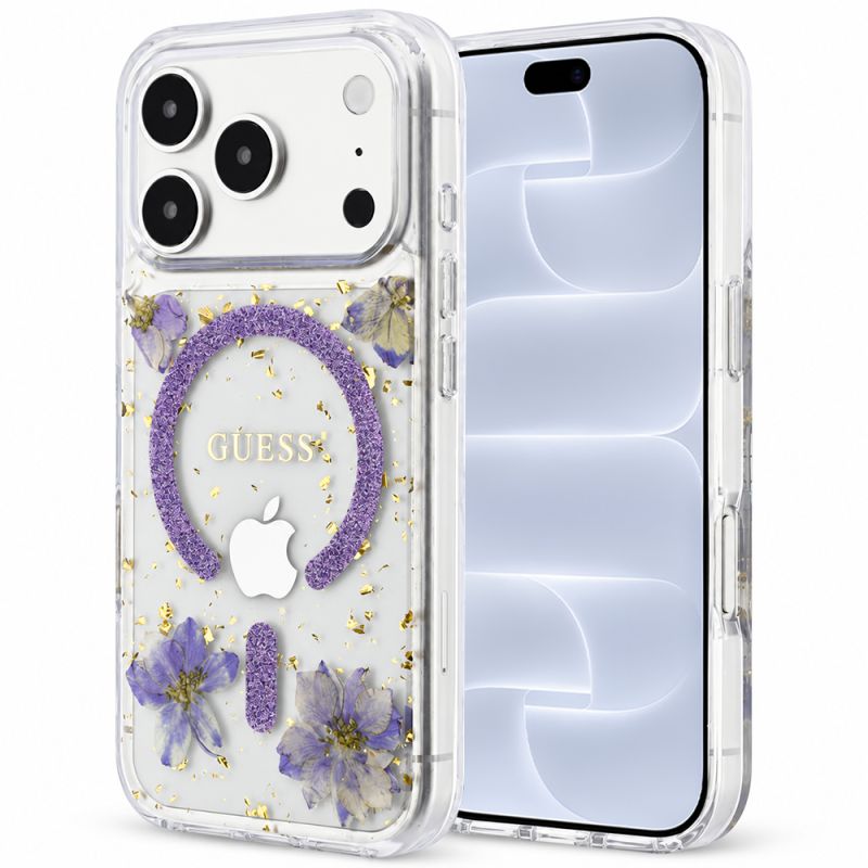 Husa pentru iPhone 18 Pro / iPhone 17 Pro - Guess Resin Flowers and Glitter MagSafe (GUHMP18LRBFGFGMU) - Purple