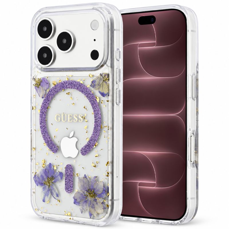Husa pentru iPhone 18 Pro Max / iPhone 17 Pro Max - Guess Resin Flowers and Glitter MagSafe (GUHMP18XRBFGFGMU) - Purple