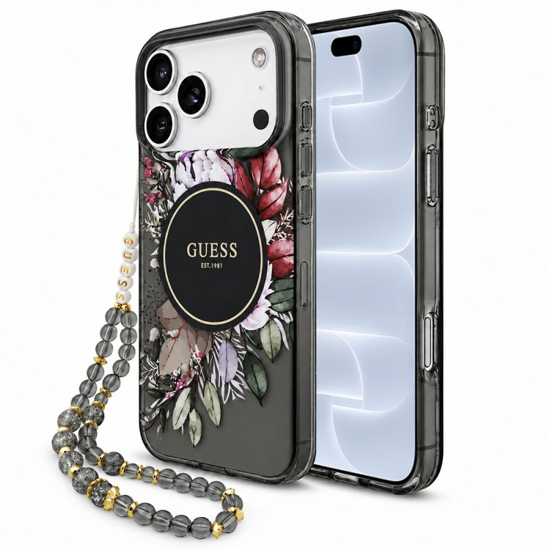 Husa pentru iPhone 18 Pro / iPhone 17 Pro - Guess IML Flowers with Pearl Strap MagSafe (GUHMP18LHFWBRCESK) - Black