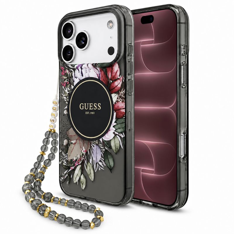 Husa pentru iPhone 18 Pro Max / iPhone 17 Pro Max - Guess IML Flowers with Pearl Strap MagSafe (GUHMP18XHFWBRCESK) - Black