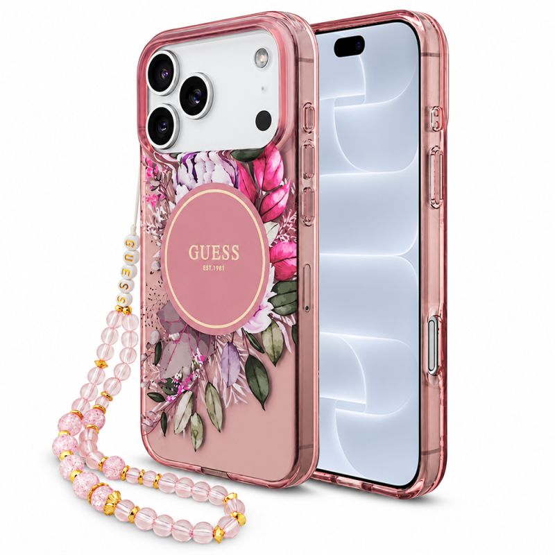 Husa pentru iPhone 18 Pro / iPhone 17 Pro - Guess IML Flowers with Pearl Strap MagSafe (GUHMP18LHFWBRCESP) - Pink