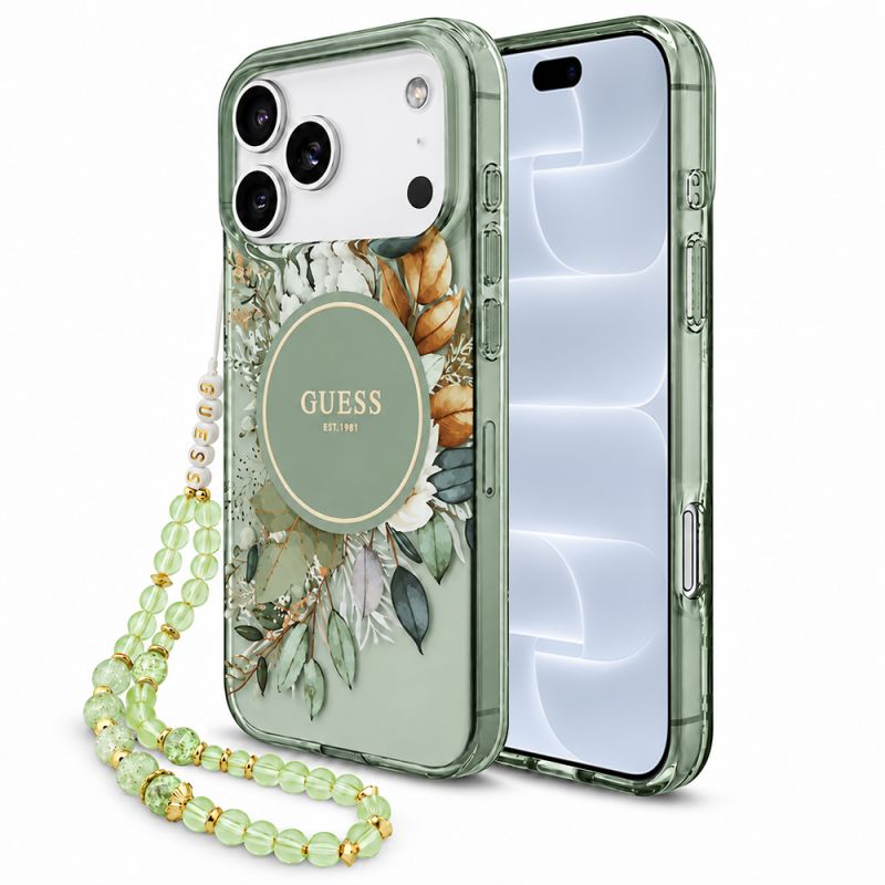 Husa pentru iPhone 18 Pro / iPhone 17 Pro - Guess IML Flowers with Pearl Strap MagSafe (GUHMP18LHFWBRCESN) - Green