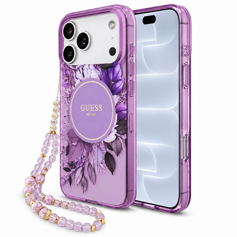 Husa pentru iPhone 18 Pro / iPhone 17 Pro - Guess IML Flowers with Pearl Strap MagSafe (GUHMP18LHFWBRCESU) - Purple