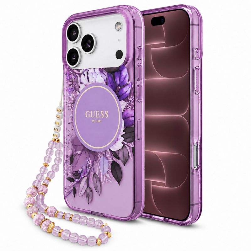 Husa pentru iPhone 18 Pro Max / iPhone 17 Pro Max - Guess IML Flowers with Pearl Strap MagSafe (GUHMP18XHFWBRCESU) - Purple