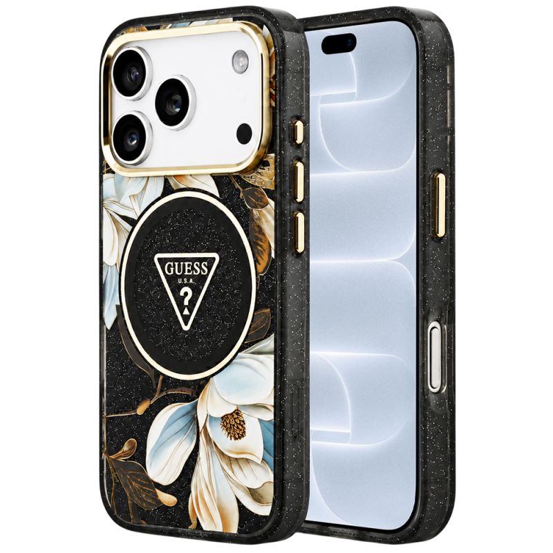 Husa pentru iPhone 18 Pro / iPhone 17 Pro - Guess IML Metal Glitter Flowers Triangle MagSafe (GUHMP18LHFLPEDK) - Black