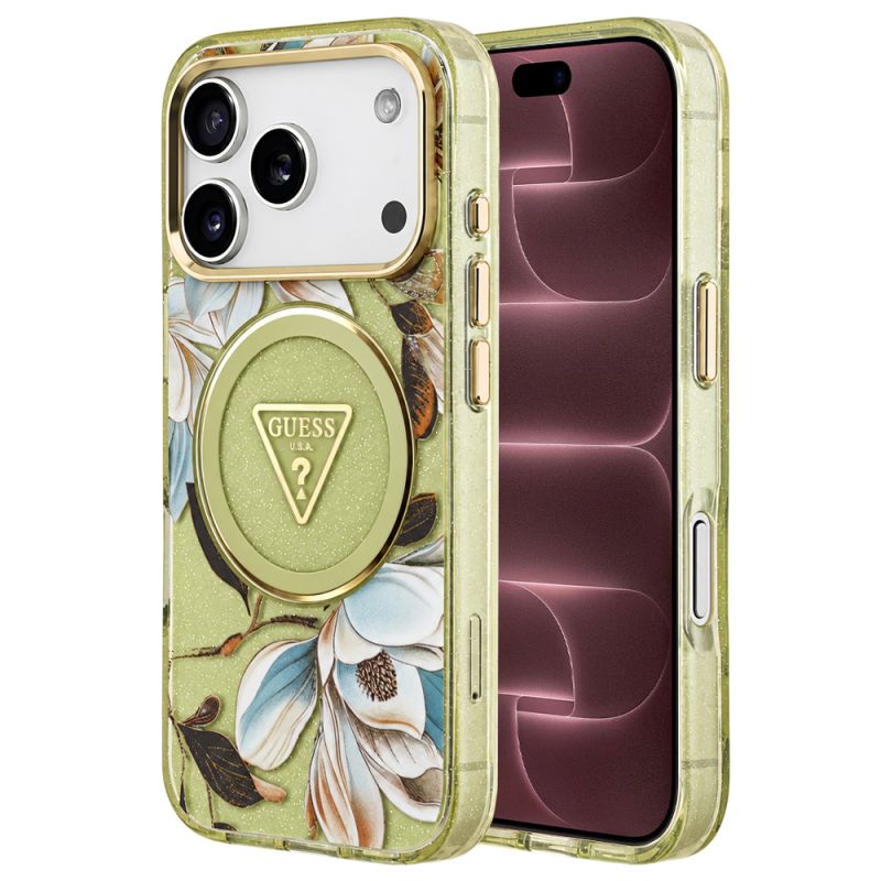 Husa pentru iPhone 18 Pro Max / iPhone 17 Pro Max - Guess IML Metal Glitter Flowers Triangle MagSafe (GUHMP18XHFLPEDN) - Green