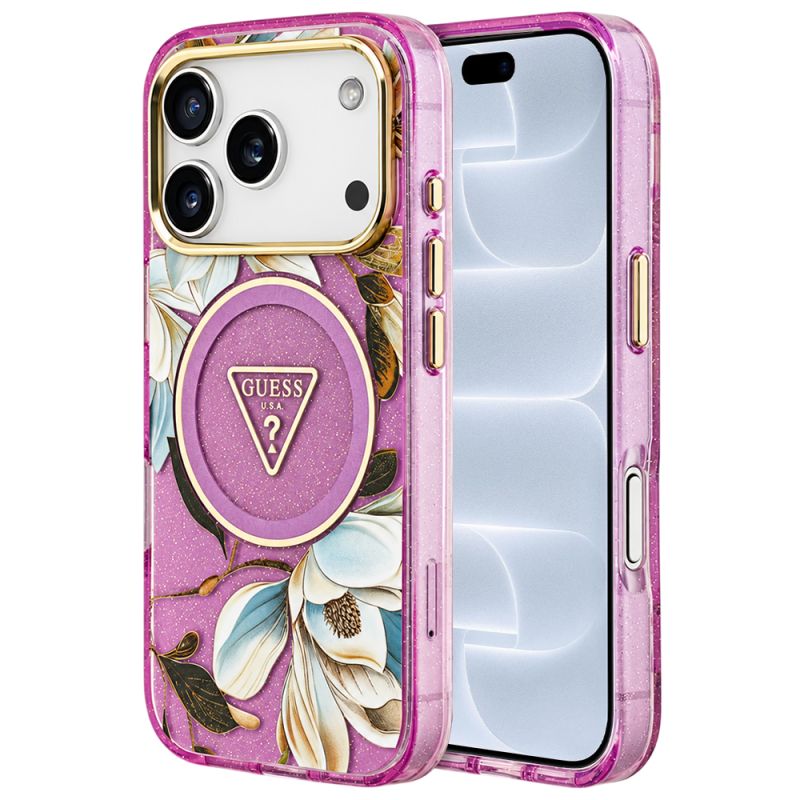 Husa pentru iPhone 18 Pro / iPhone 17 Pro - Guess IML Metal Glitter Flowers Triangle MagSafe (GUHMP18LHFLPEDU) - Purple