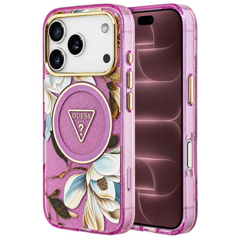 Husa pentru iPhone 18 Pro Max / iPhone 17 Pro Max - Guess IML Metal Glitter Flowers Triangle MagSafe (GUHMP18XHFLPEDU) - Purple