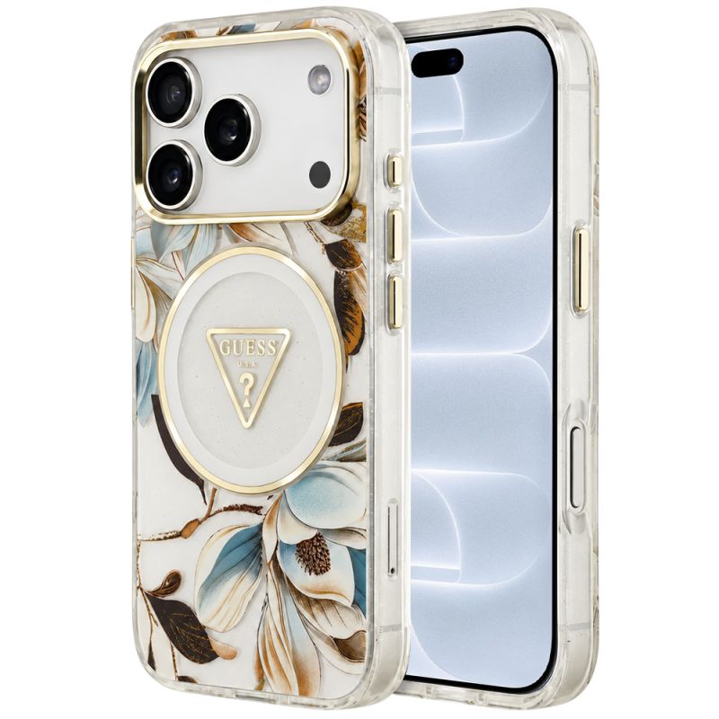 Husa pentru iPhone 18 Pro / iPhone 17 Pro - Guess IML Metal Glitter Flowers Triangle MagSafe (GUHMP18LHFLPEDH) - White