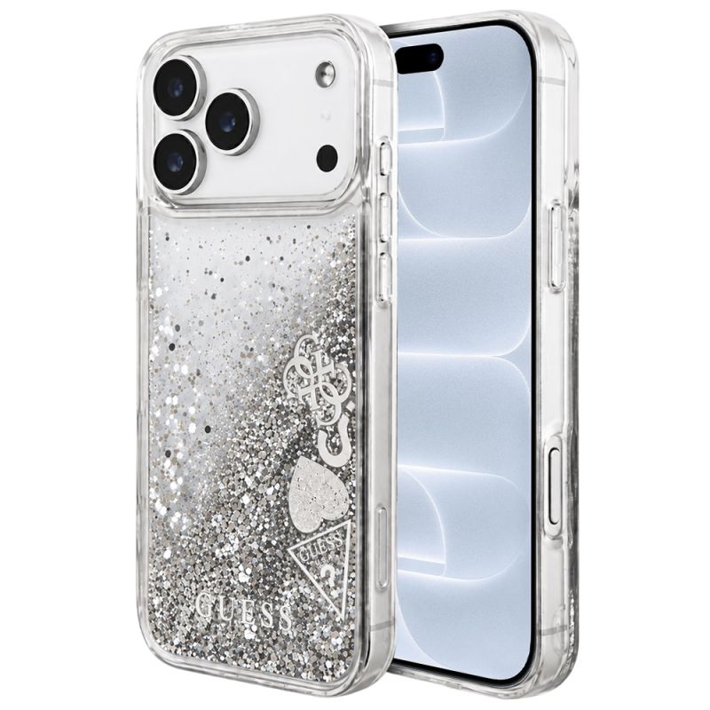 Husa pentru iPhone 18 Pro / iPhone 17 Pro - Guess Liquid Glitter Charms (GUHCP18LGLHFLSI) - Silver