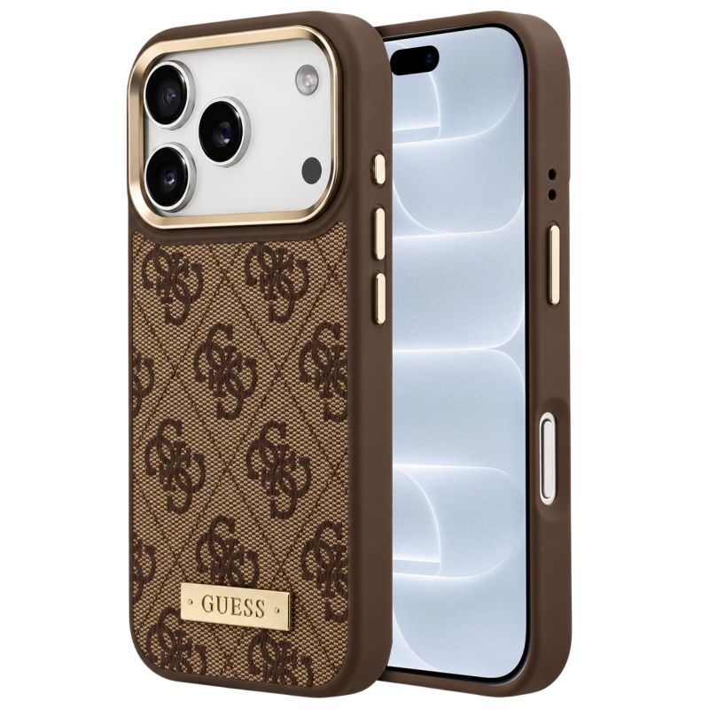 Husa pentru iPhone 18 Pro / iPhone 17 Pro - Guess Hardcase 4G Logo Plate MagSafe (GUHMP18LU4GPRW) - Brown