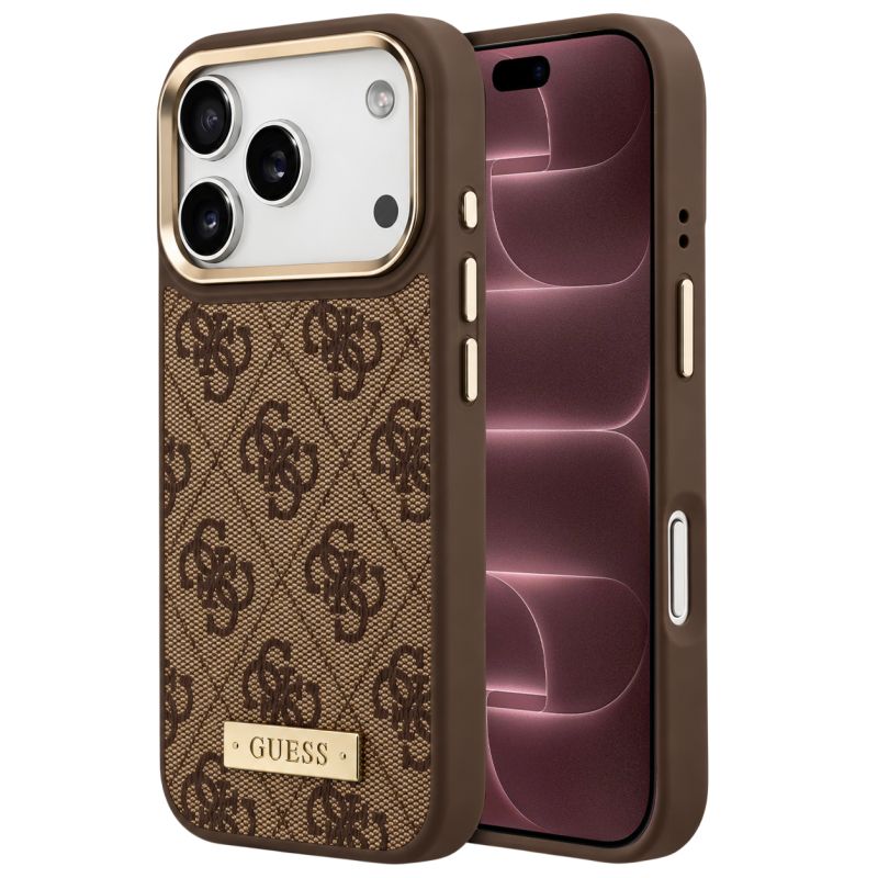 Husa pentru iPhone 18 Pro Max / iPhone 17 Pro Max - Guess Hardcase 4G Logo Plate MagSafe (GUHMP18XU4GPRW) - Brown