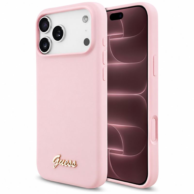 Husa pentru iPhone 18 Pro Max / iPhone 17 Pro Max - Guess Silicone Script Metal Logo MagSafe (GUHMP18XSMBSLP) - Pink