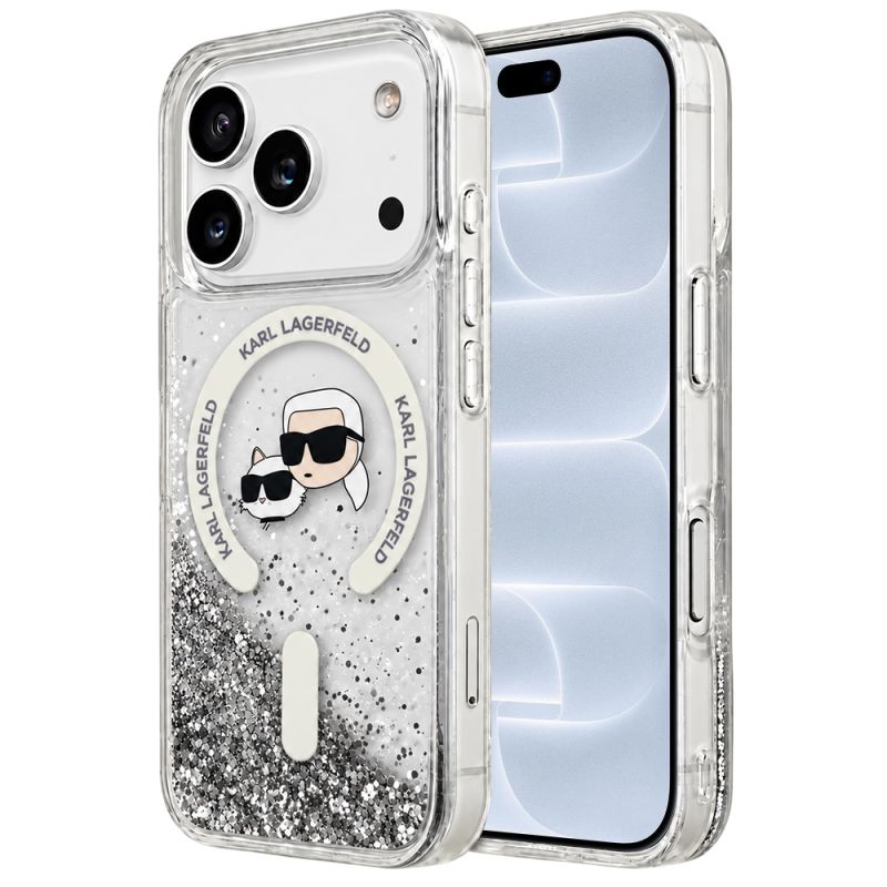 Husa pentru iPhone 18 Pro / iPhone 17 Pro - Karl Lagerfeld Liquid Glitter KC Heads MagSafe (KLHMP18LLGKCSGH) - Transparent