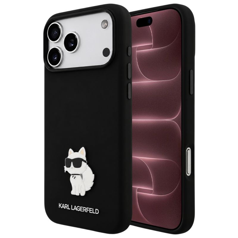 Husa pentru iPhone 18 Pro Max / iPhone 17 Pro Max - Karl Lagerfeld Silicone Choupette Metal Pin (KLHCP18XSMHCNPK) - Black