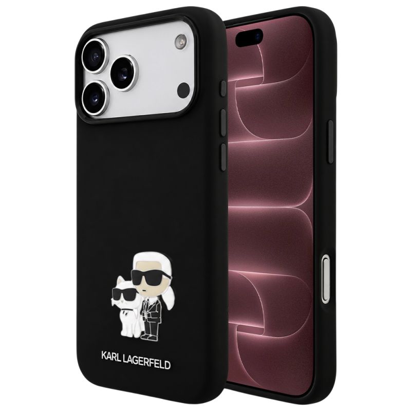 Husa pentru iPhone 18 Pro Max / iPhone 17 Pro Max - Karl Lagerfeld Silicone Karl & Choupette Metal Pin (KLHCP18XSMHKCNPK) - Balck