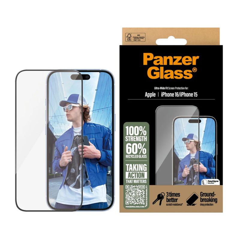 Folie pentru iPhone 16 / iPhone 15 - PanzerGlass® Ultra-Wide Fit Screen Protector - Black