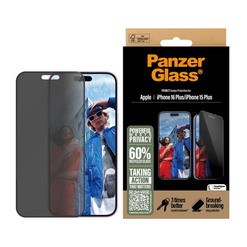 Folie pentru iPhone 16 Plus / iPhone 15 Plus - PanzerGlass® Ultra-Wide Fit Privacy Screen Protector w. EasyAligner - Black