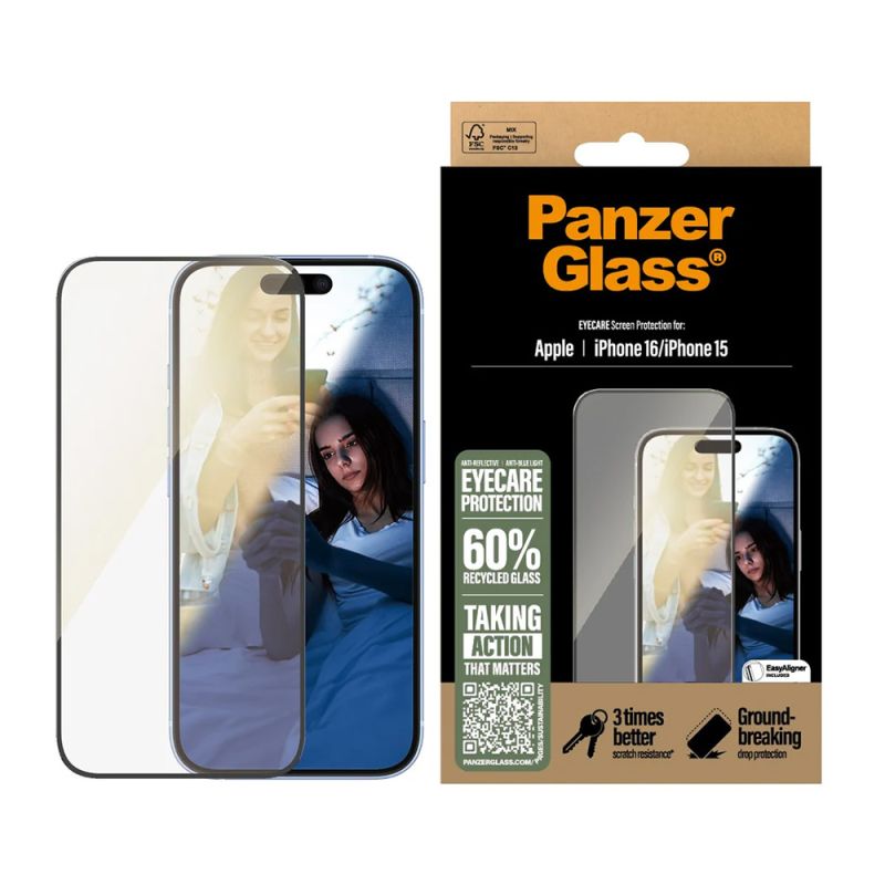 Folie pentru iPhone 16 / iPhone 15 - PanzerGlass® Ultra-Wide Fit EyeCare Screen Protector - Black