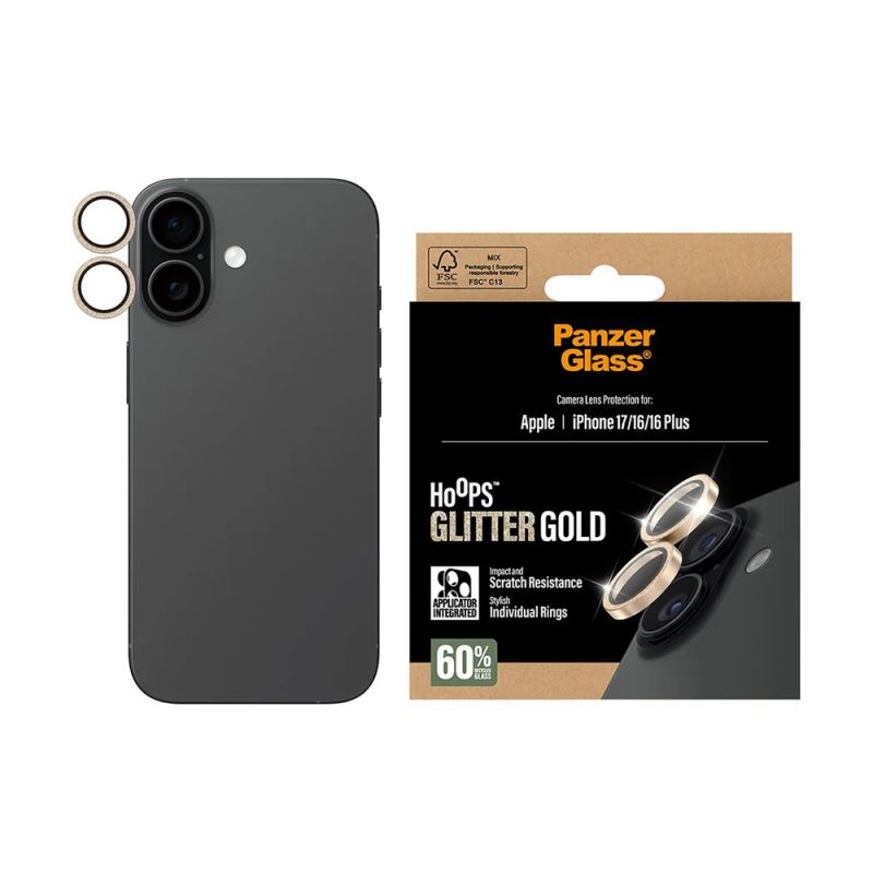 Folie Camera pentru iPhone 17 / iPhone 16 / iPhone 16 Plus - PanzerGlass® Hoops® Series - Glitter Gold