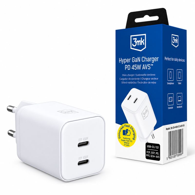 Incarcator pentru Perete, GaN, PD 45W, 2x USB-C - 3mk Hyper - White