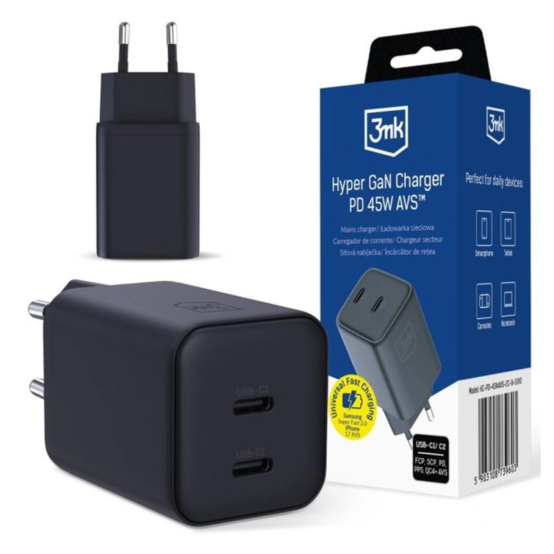 Incarcator pentru Perete, GaN, PD 45W, 2x USB-C, QC4+, PPS, AVS - 3mk Hyper - Black