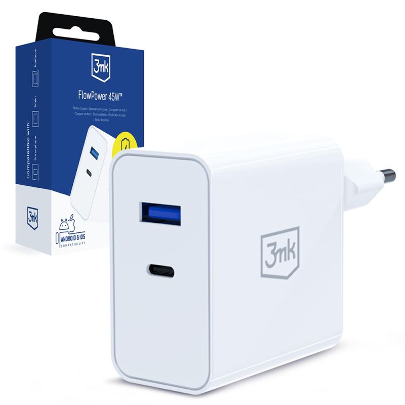 Incarcator pentru Priza GaN, USB, Type-C 45W, PD 3.0, QC4 - 3mk FlowPower - White