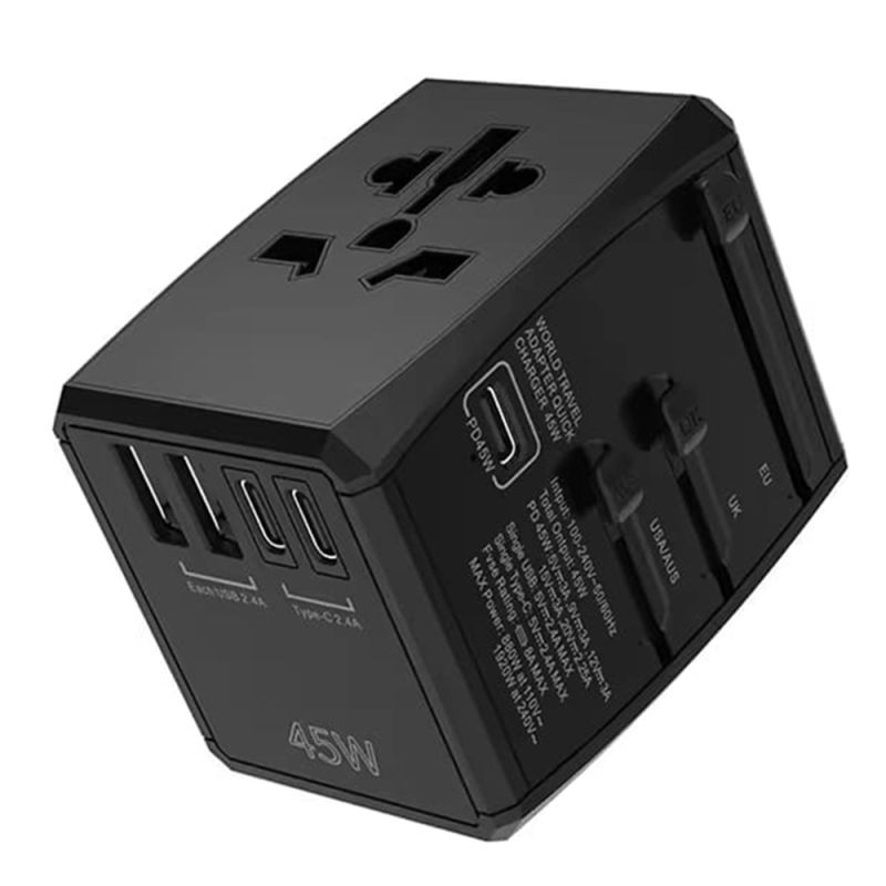 Adaptor pentru Priza Universal, PD45W, 2 x USB, 3 x Type-C, EU, UK, AUS, US - Techsuit (HHT905) - Black