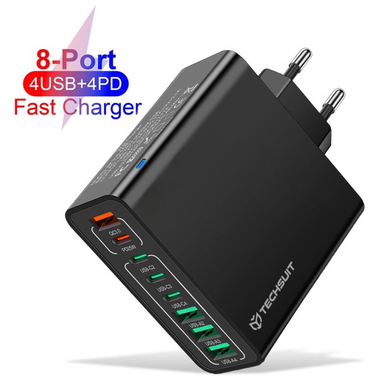 Incarcator Priza 4x USB, 4x Type-C, Fast Charging, 65W - Techsuit OctaChargeX (CHPD224) - Black