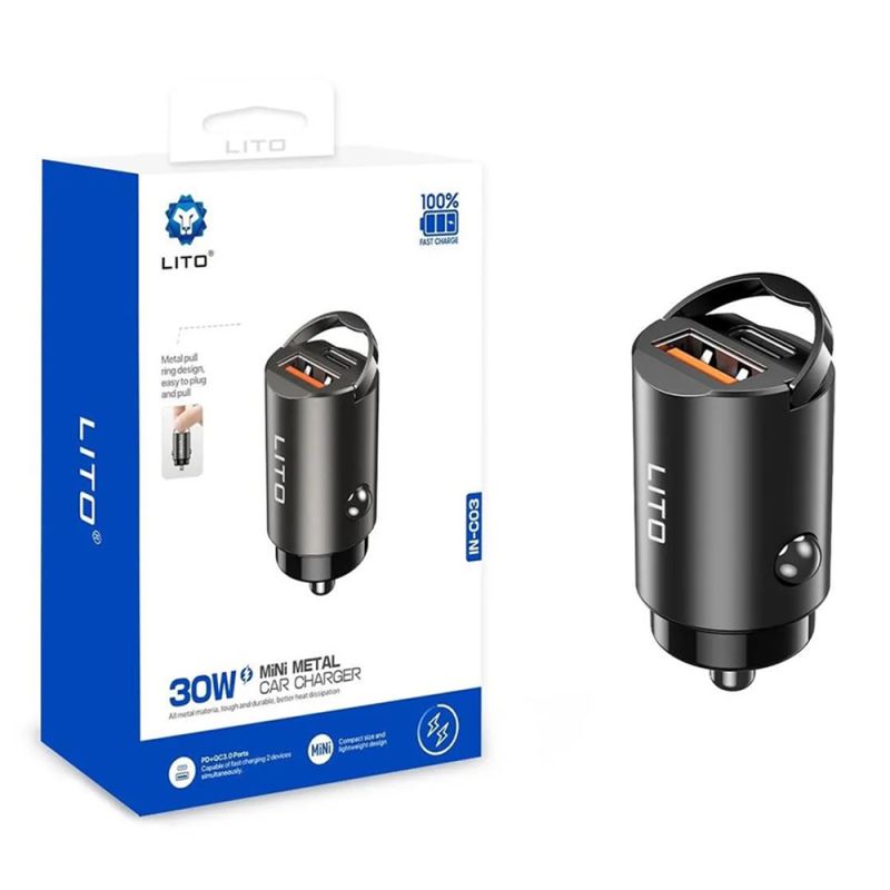 Incarcator pentru Masina, USB-A, USB-C, 30W - Lito (IN-C03) - Black