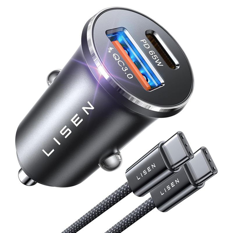 Incarcator pentru Masina, USB, USB-C, PD65W, QC3.0, Cablu Inclus - Lisen (YL0223110003) - Dark Grey