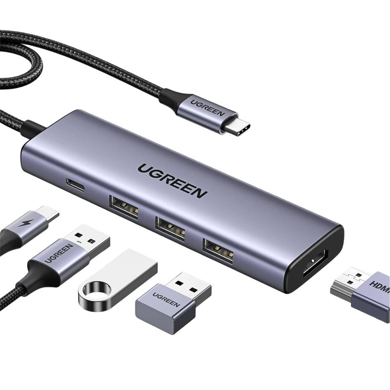 Hub Multiport, Slim, USB-C, 3x USB, HDMI, PD100W, 5Gbps, 4K, 0.2m - Ugreen (15596) - Gray