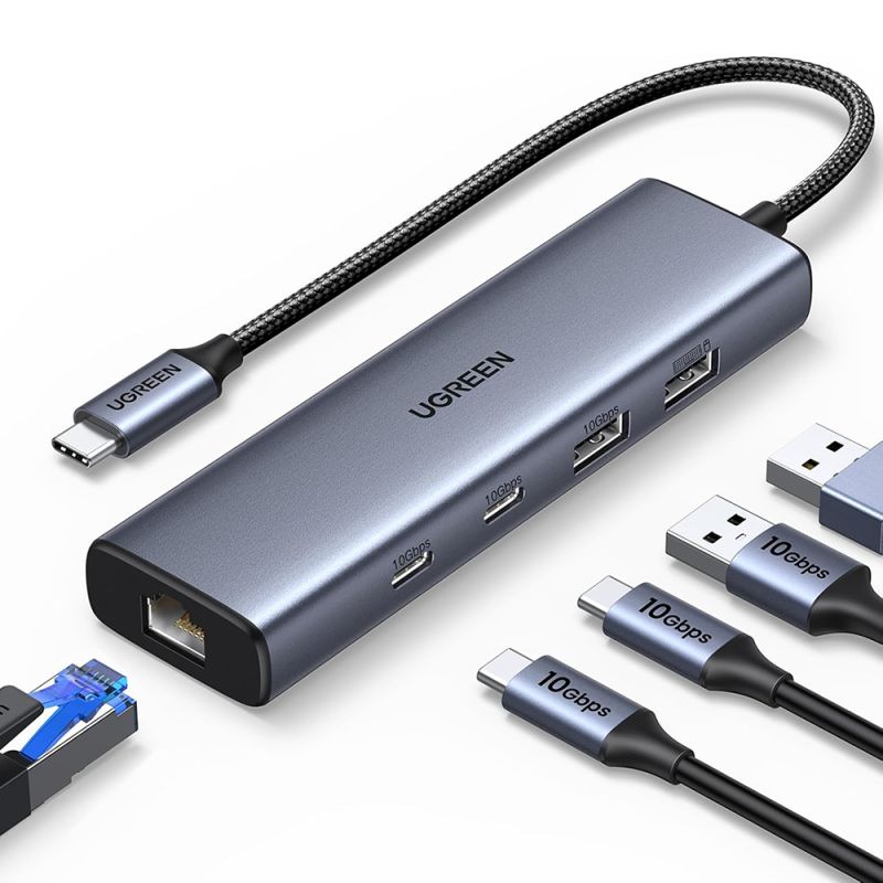 Hub Type-C to 2x USB, 2x USB-C, RJ45, Plug & Play, 10Gbps - Ugreen CM512 (45320) - Gray