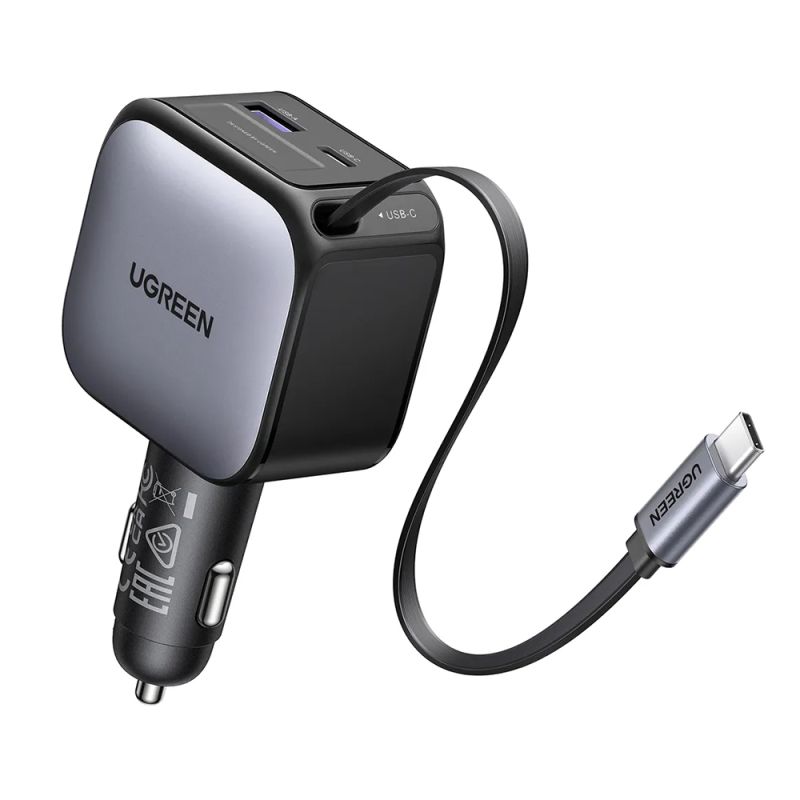 Incarcator pentru Masina, Cablu Retractabil USB, 2x Type-C, 60W - Ugreen EC602 (55212B) - Gray