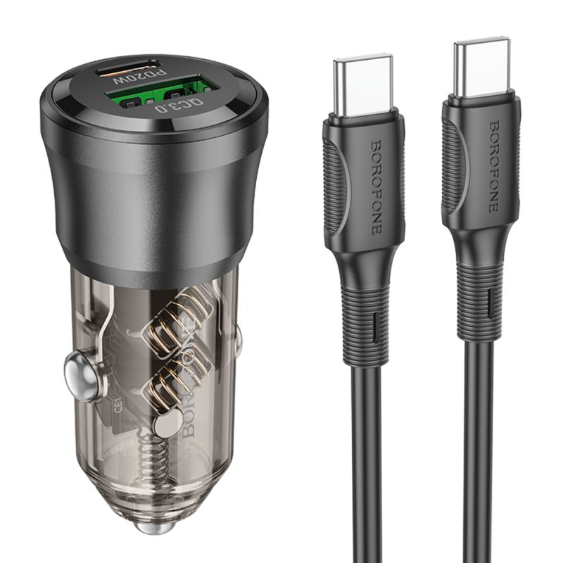 Incarcator pentru Masina, USB-A + USB-C, 38W + Cablu Type-C - Borofone Journey (BZ25) - Black/Transparent