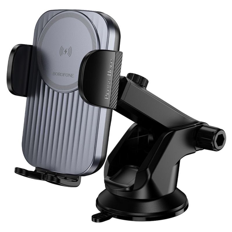 Suport pentru Auto Telefon cu Alimentare Wireless, 15W - Borofone Leading (BH222) - Black Metal Grey
