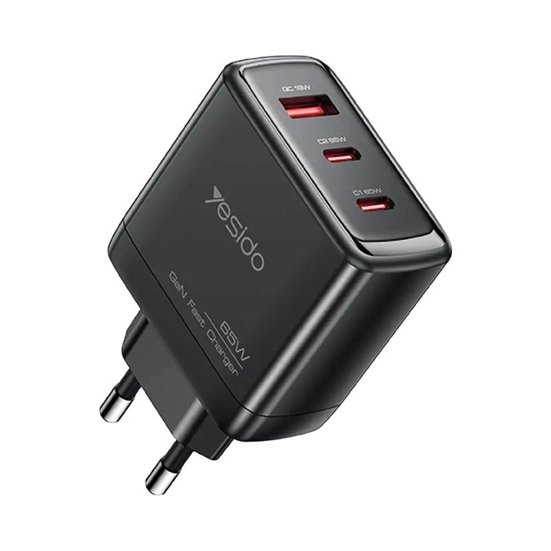 Incarcator Retea 3 in 1, USB, 2x Type-C, 65W, Cablu USB-C, 1m - Yesido (YC144C) - Black